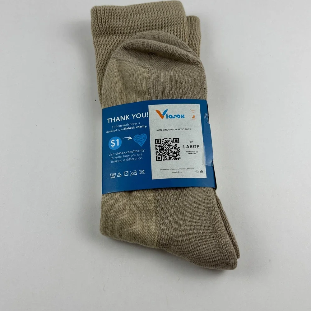 Viasox Diabetic Socks Unisex Large Tan New Non-Binding Crew Thin Bamboo Blend